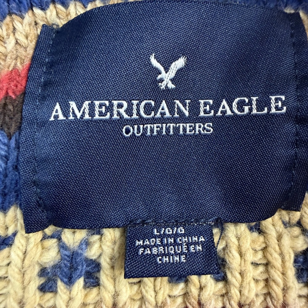 American Eagle Mens Large Southwestern Shawl Collar Button Cardigan Sweater Blue - Picture 2 of 13